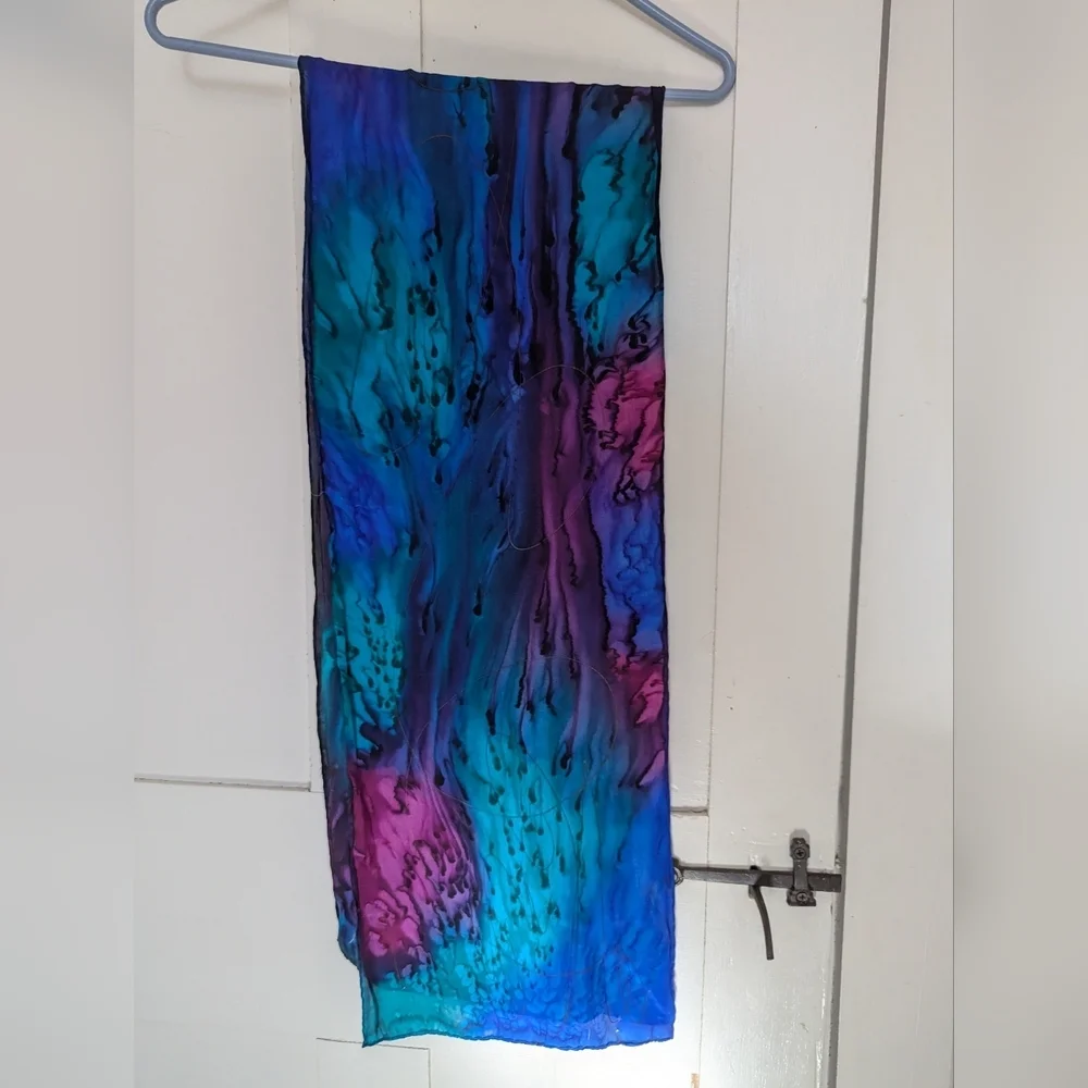 Artisan Silk Scarf Jewel Toned Hand Dyed Vibrant Multicolor Skinny Gold Accents